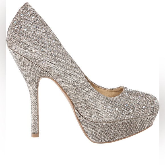 Round Toe champagne Glitter Mesh Rhinestone Studded Low Platform Pump Heel ✨ - Picture 5 of 12